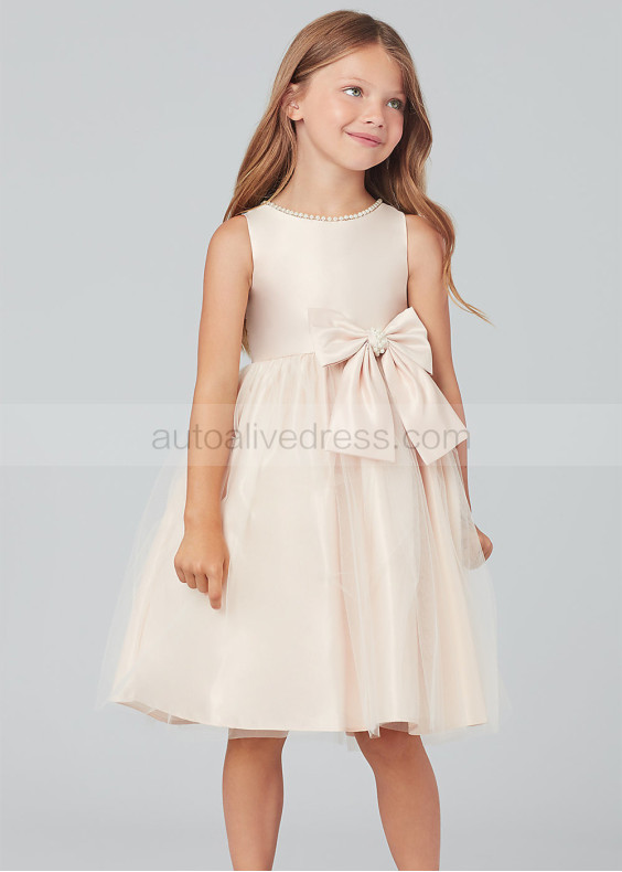 Pearl Neck Satin Tulle Knee Length Flower Girl Dress